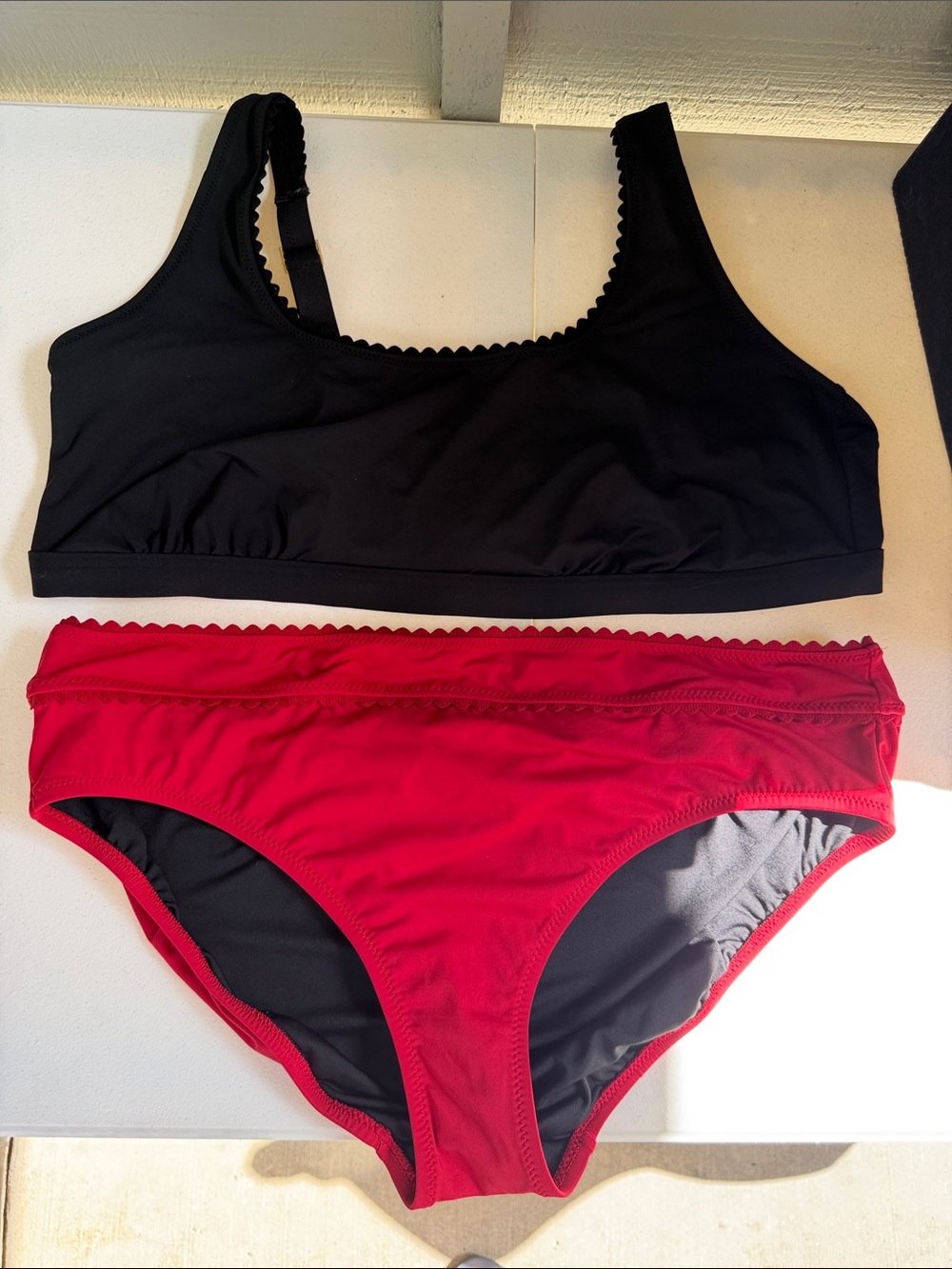 2 piece Lands' End Black Scoop Bikini Top with Red Bikini Bottoms